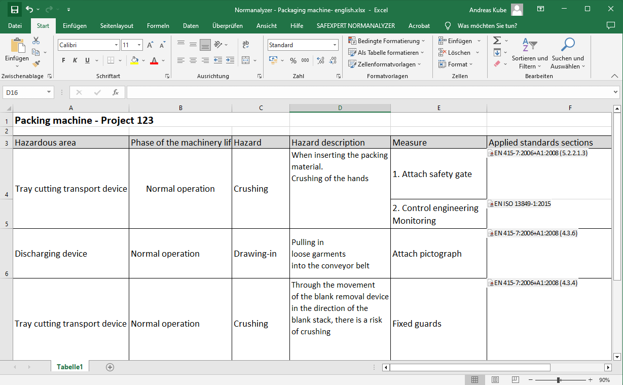 Screenshot of an excel file for the construction of a packaging machine