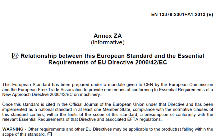 Screenshot of annex ZA of the standard EN 13378