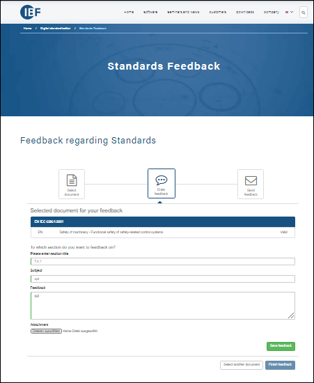 Screenshot of the Standards Feedback on the IBF homepage