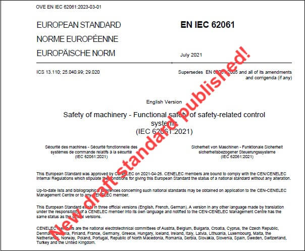 Cover page of EN IEC 62061 with red reference to a new draft standard