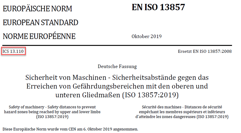 Bild vom Europäischen Deckblatt der EN ISO 13857:2019 mit ICS-Zugehörigkeit