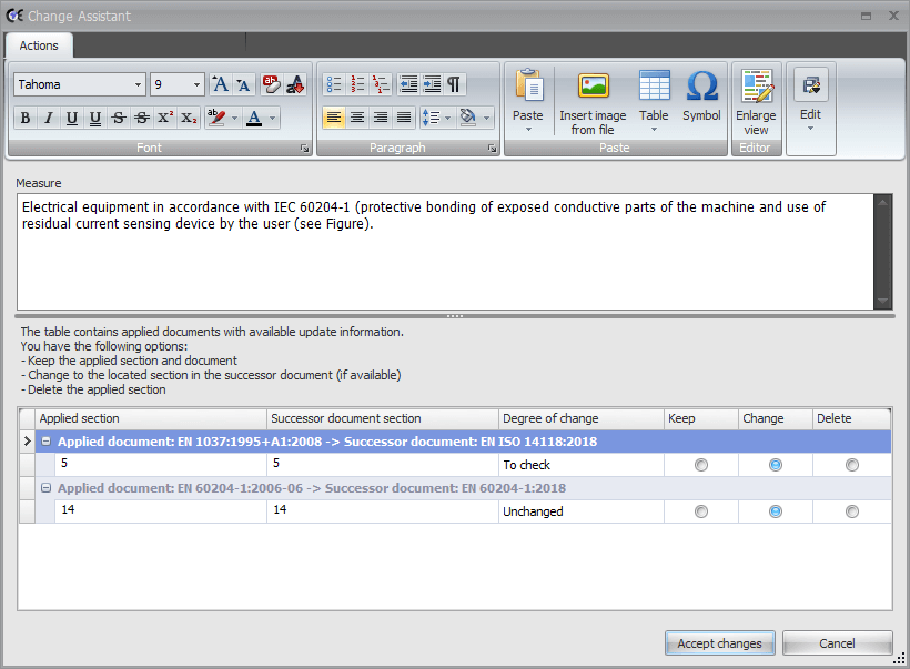Screenshot from Safexpert and its Change Assistant
