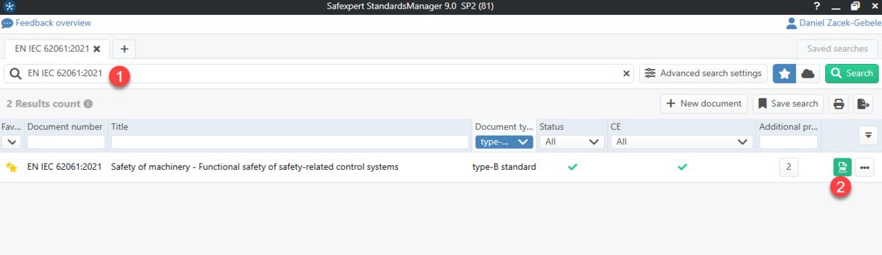 Screenshot of the Safexpert StandardsManager for the standards search