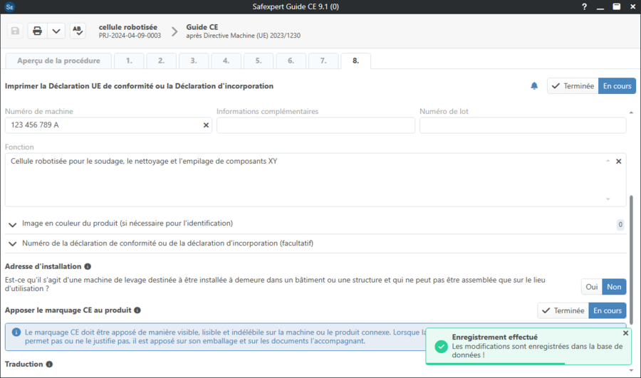 Capture d'écran de Safexpert 9.1 -  Guide CE  et impression de la déclaration de conformité