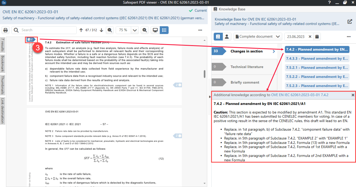 Screenshot of the EN IEC 62061 Knowledge Base and a change in a section